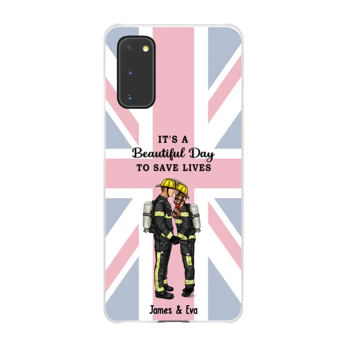 She Saves Lives and He Rescues Them - Personalized Phone Case For Couples, Firefighter, EMS, Nurse, Police Officer, Military