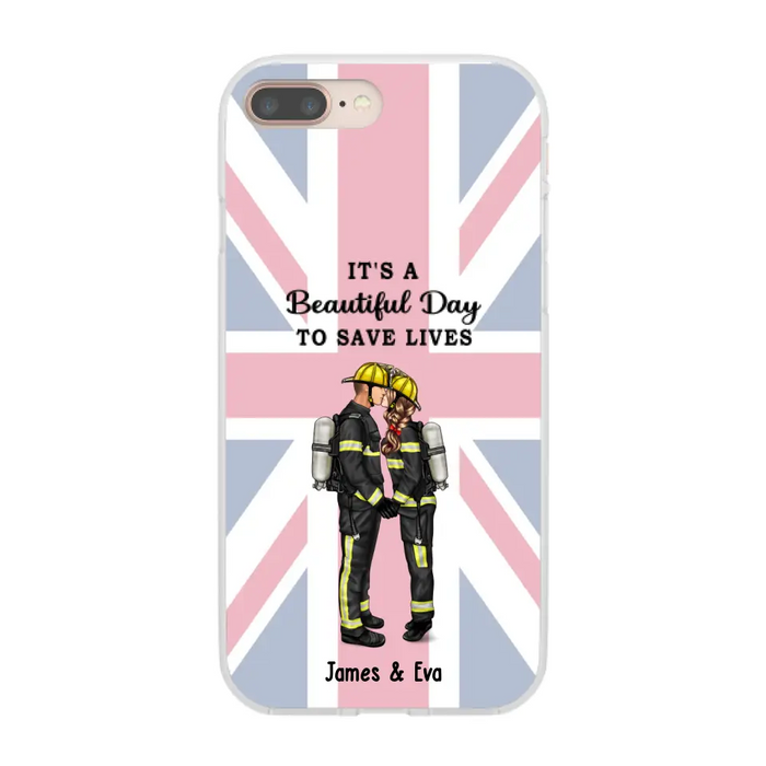 She Saves Lives and He Rescues Them - Personalized Phone Case For Couples, Firefighter, EMS, Nurse, Police Officer, Military