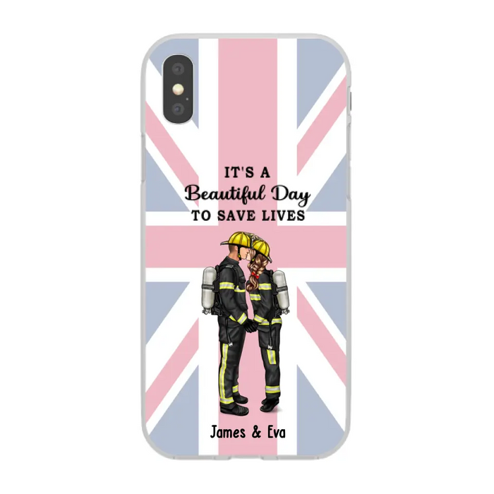 She Saves Lives and He Rescues Them - Personalized Phone Case For Couples, Firefighter, EMS, Nurse, Police Officer, Military