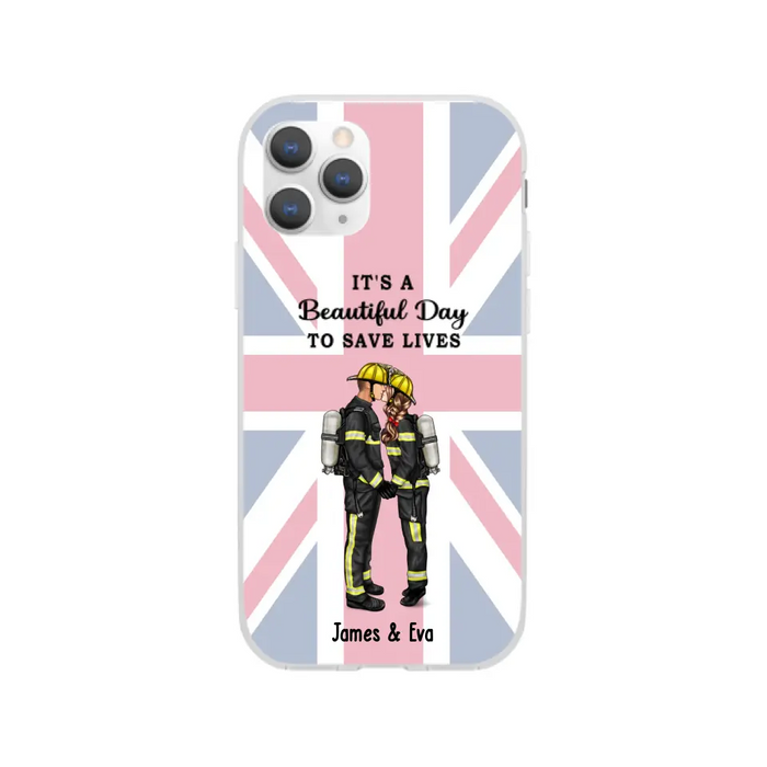 She Saves Lives and He Rescues Them - Personalized Phone Case For Couples, Firefighter, EMS, Nurse, Police Officer, Military