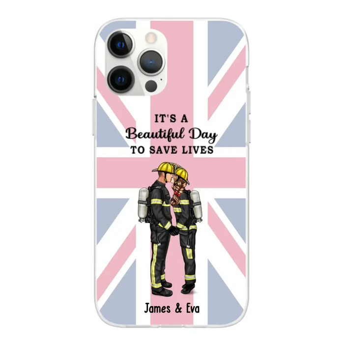 She Saves Lives and He Rescues Them - Personalized Phone Case For Couples, Firefighter, EMS, Nurse, Police Officer, Military