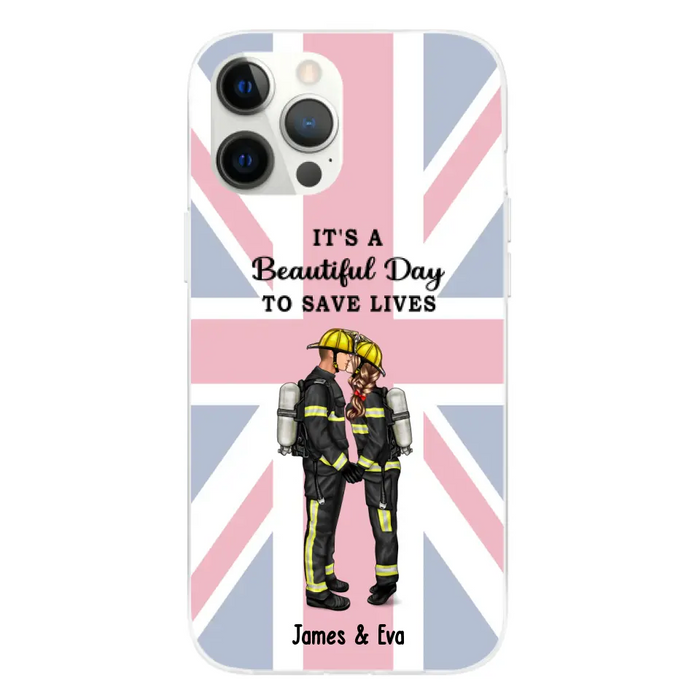 She Saves Lives and He Rescues Them - Personalized Phone Case For Couples, Firefighter, EMS, Nurse, Police Officer, Military