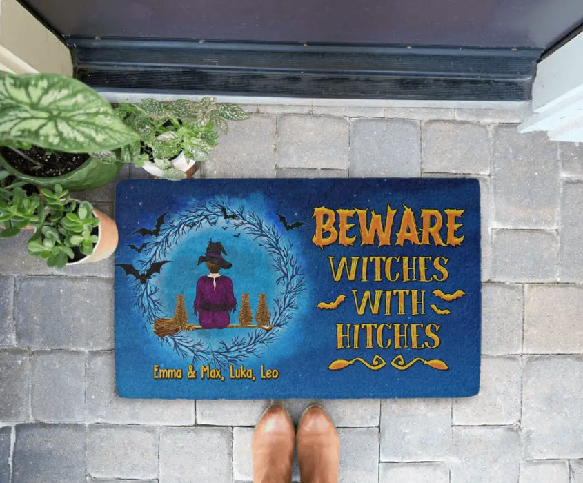 Beware Witches With Hitches - Personalized Gifts Custom Halloween Doormat For Witches For Her, Cat Lovers