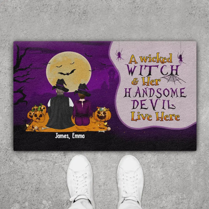 A Wicked Witch Her Handsome Devil Live Here - Personalized Gifts Custom Halloween Doormat For Couples