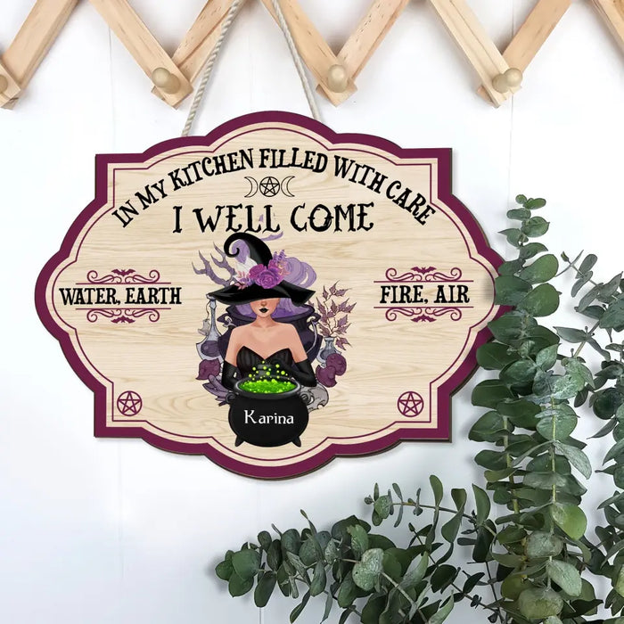 In My Kitchen Filled With Care I Well Come Water, Earth, Fire, Air - Personalized Gifts Custom Halloween Door Sign for Witches