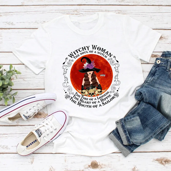 Witchy Woman The Soul Of Witch The Fire Of A Lioness The Heart Of A Hippie The Mouth Of A Sailor - Personalized Gifts Halloween Custom Shirt For Her