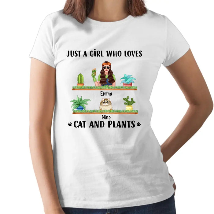 Just a Girl Who Loves Cats and Plants - Personalized Gifts Custom Gardener Shirt for Cat Mom, Gardeners Gifts