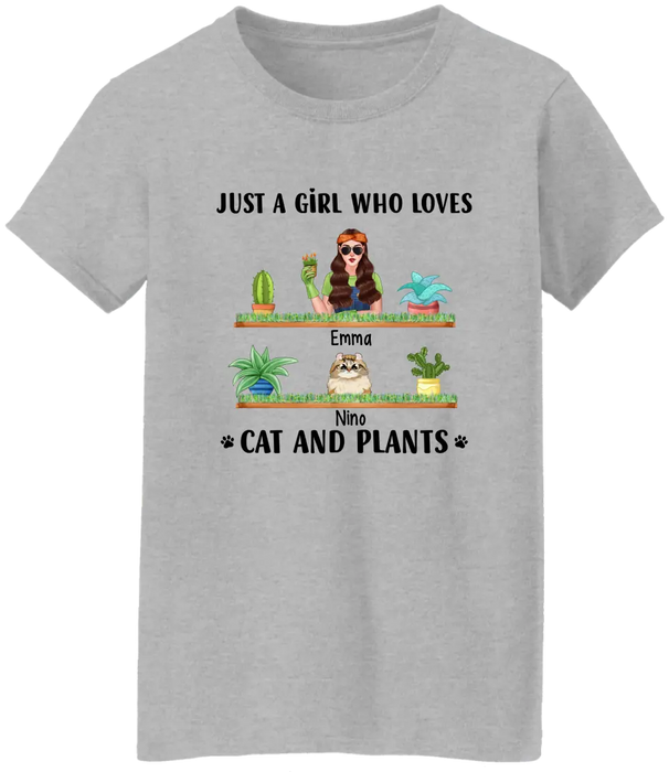 Just a Girl Who Loves Cats and Plants - Personalized Gifts Custom Gardener Shirt for Cat Mom, Gardeners Gifts