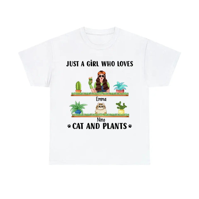 Just a Girl Who Loves Cats and Plants - Personalized Gifts Custom Gardener Shirt for Cat Mom, Gardeners Gifts