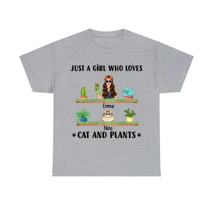 Just a Girl Who Loves Cats and Plants - Personalized Gifts Custom Gardener Shirt for Cat Mom, Gardeners Gifts