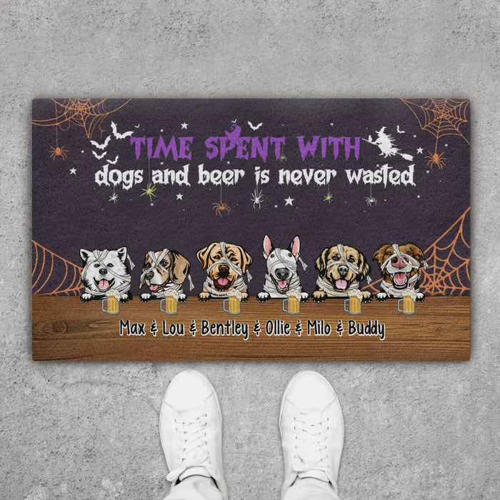 Time Spent With Dogs and Beer Is Never Wasted - Personalized Gifts Custom Halloween Doormat for Fur Family, Dog Lovers