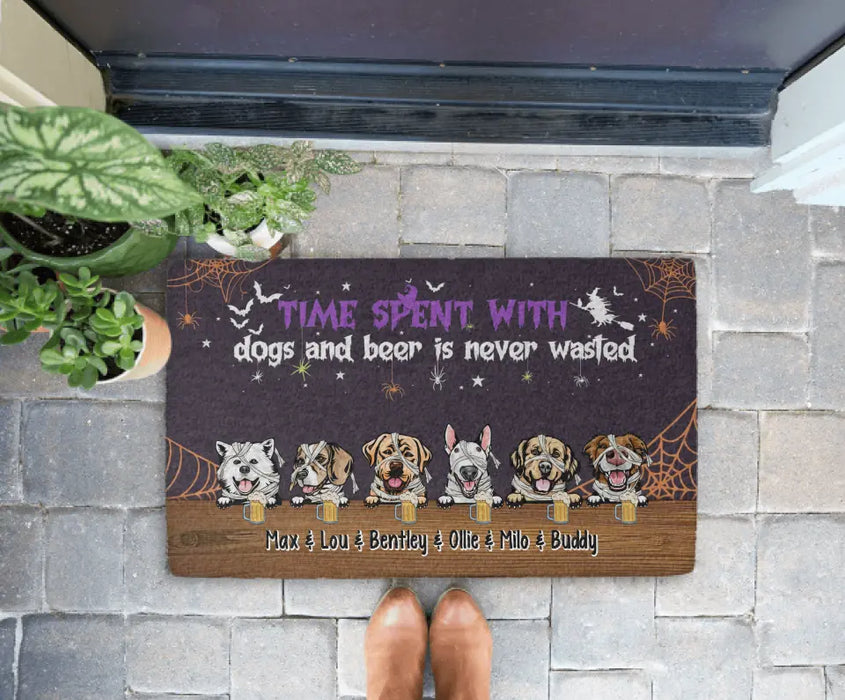 Time Spent With Dogs and Beer Is Never Wasted - Personalized Gifts Custom Halloween Doormat for Fur Family, Dog Lovers