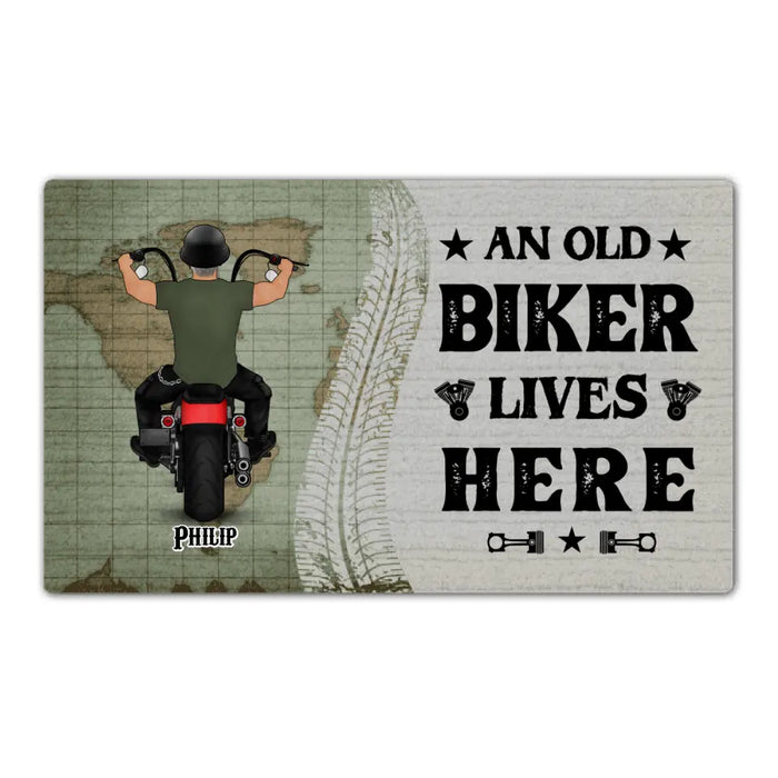 An Old Biker Lives Here - Personalized Gifts Custom Motorcycle Doormat for Him, Motorcycle Lovers