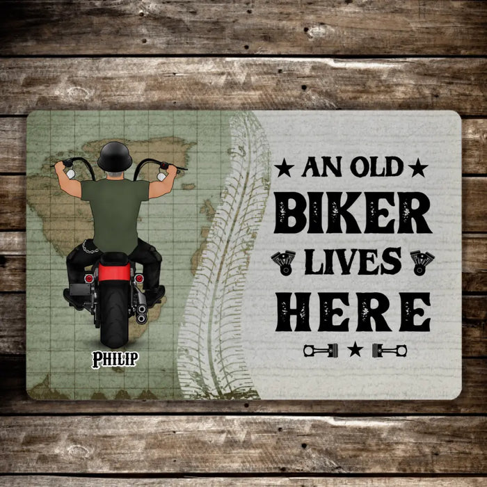 An Old Biker Lives Here - Personalized Gifts Custom Motorcycle Doormat for Him, Motorcycle Lovers