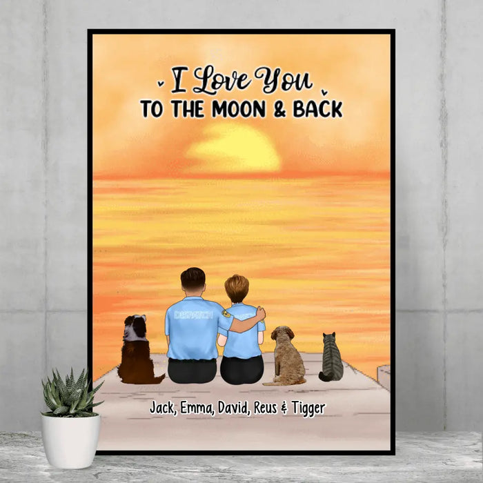 I Love You to the Moon and Back, Couple with Dog/Cat - Personalized Gifts Custom Poster for Couples, Nurse Gifts, Police Officer Gifts