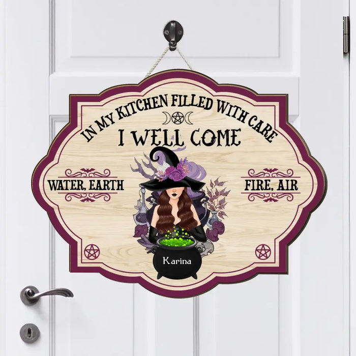 In My Kitchen Filled With Care I Well Come Water, Earth, Fire, Air - Personalized Gifts Custom Halloween Door Sign for Witches