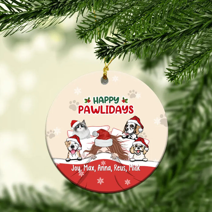 Personalized Ornament, Sleeping Girl With Pets, Happy Pawlidays, Christmas Gift For Dog Lovers, Cat Lovers