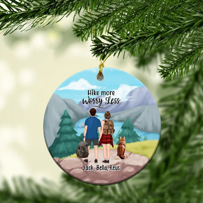 Personalized Ornament, Hiking Couple With Dogs, Christmas Gift For Hikers And Dog Lovers