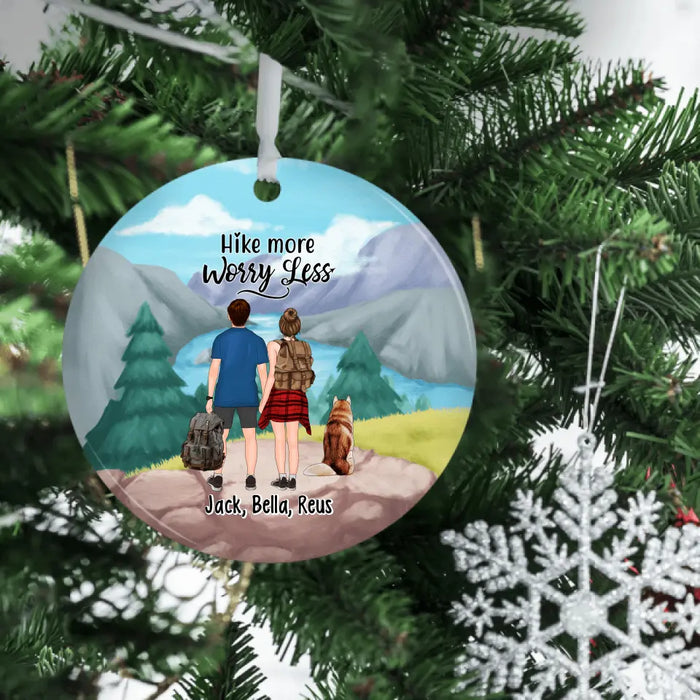 Personalized Ornament, Hiking Couple With Dogs, Christmas Gift For Hikers And Dog Lovers