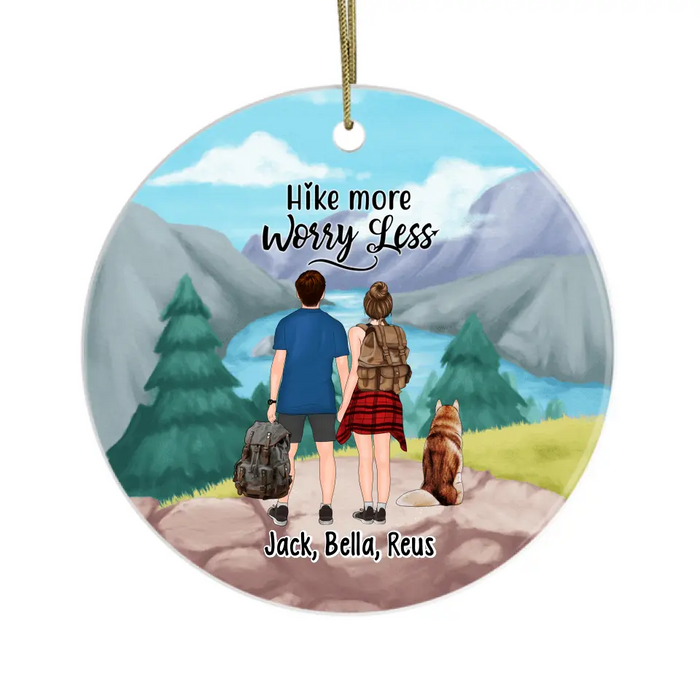 Personalized Ornament, Hiking Couple With Dogs, Christmas Gift For Hikers And Dog Lovers